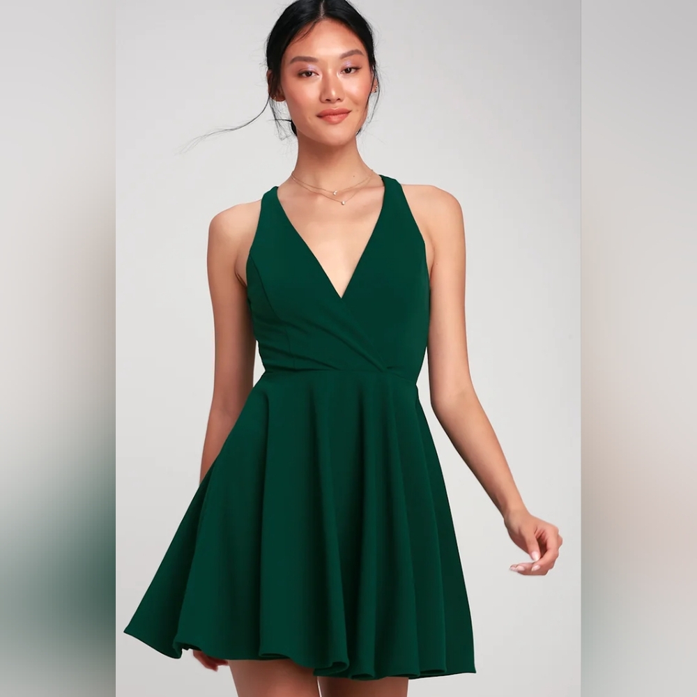 Lulu's Deep Green V-Neck Mini Dress